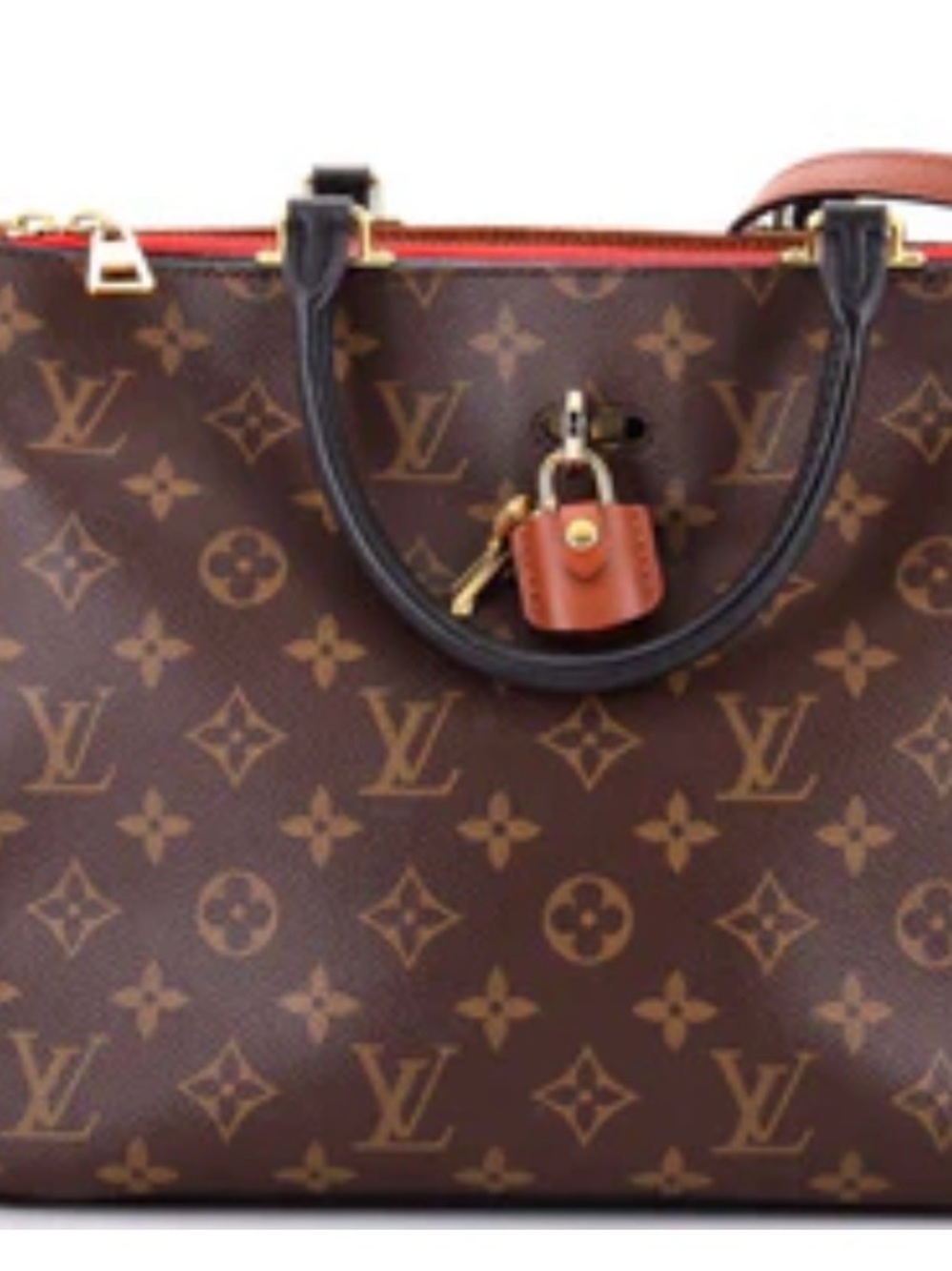 Louis Vuitton Brown Monogram Canvas Tote with Red Trim and Black Handles.